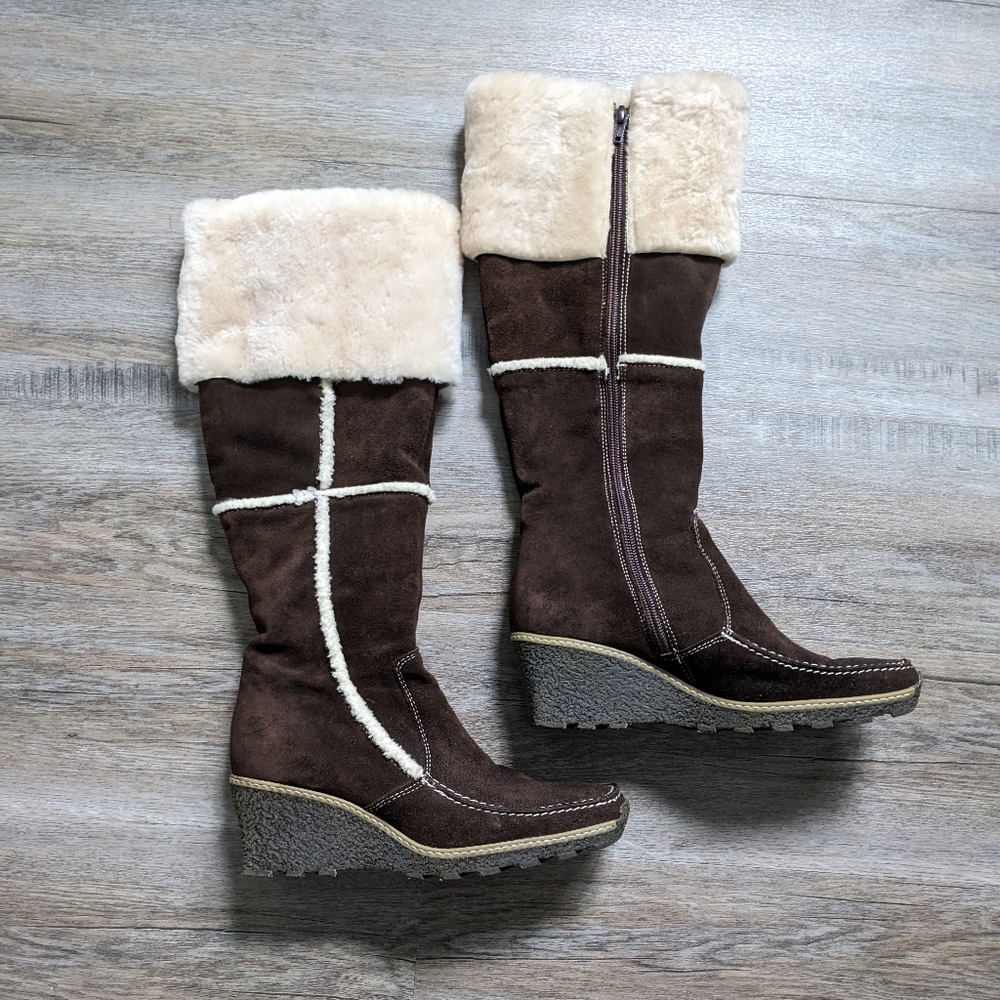 Naturalizer Tall Leather Suede Wedge Knee High Boots Fur Trim Size 5 Brown an…